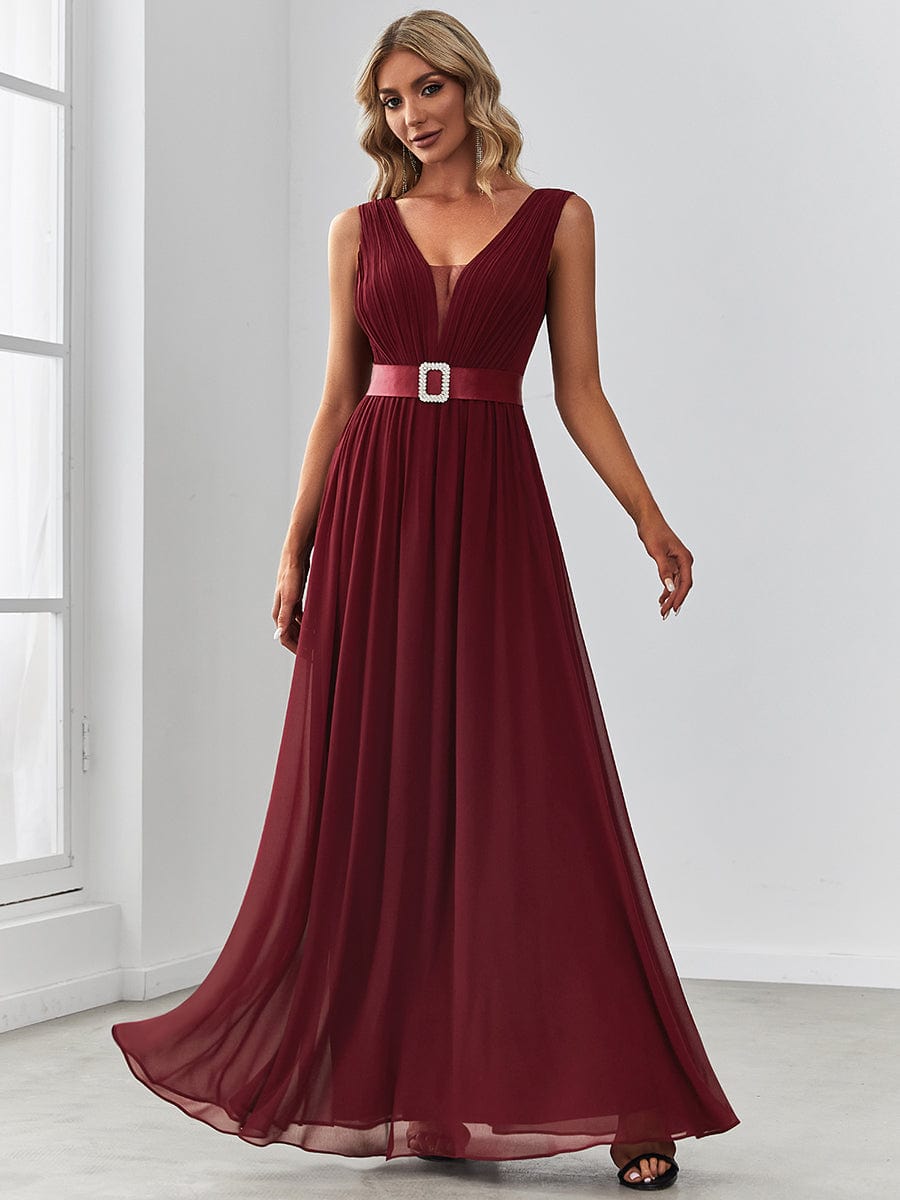 Chiffon Illusion V-Neck Sequin Belt A-Line Evening Dress #color_Burgundy 