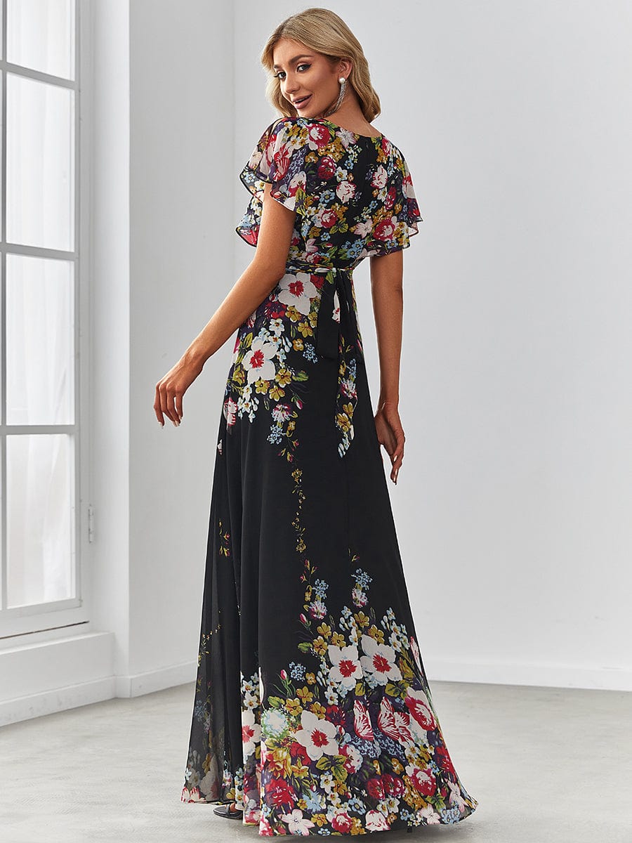 Floral Short Sleeve V-Neck Chiffon A-Line Evening Dress #color_Black and Printed 