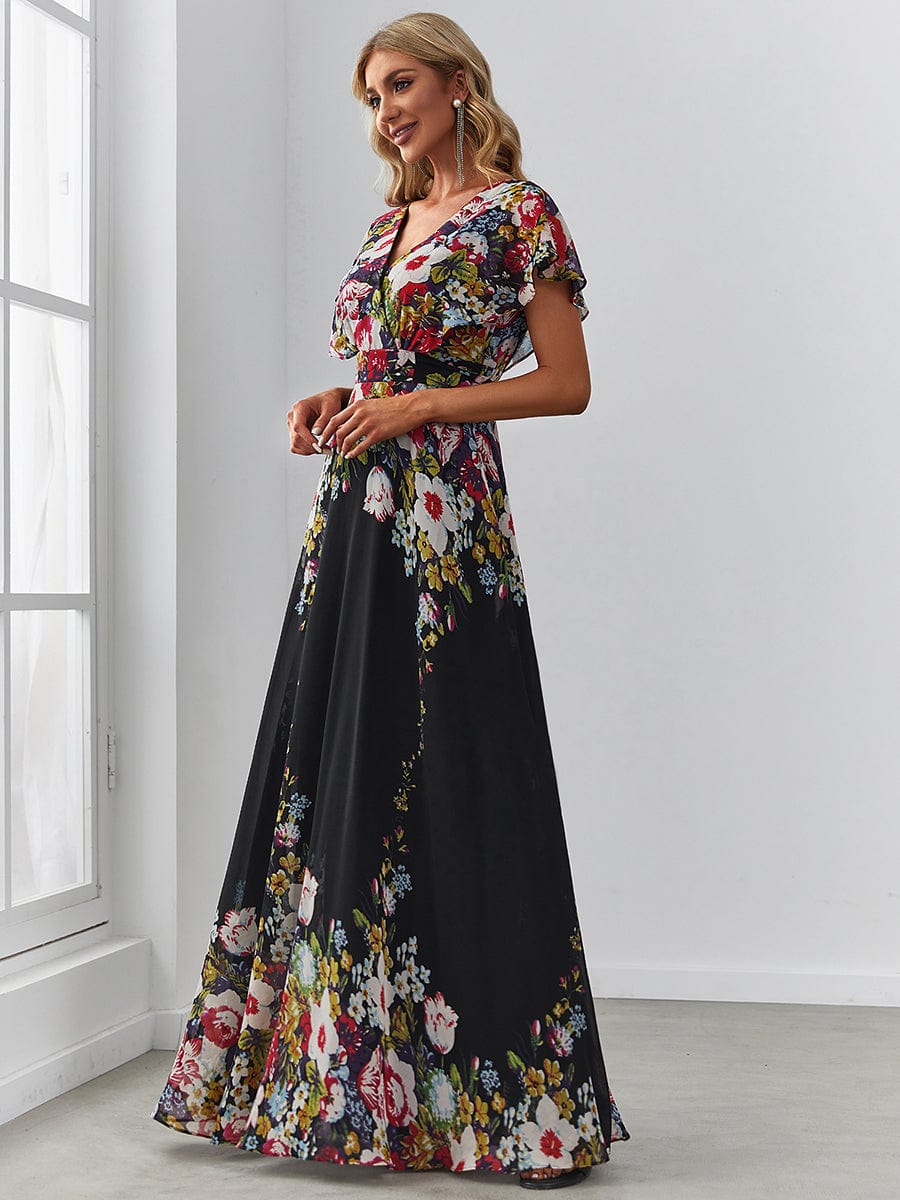 Floral Short Sleeve V-Neck Chiffon A-Line Evening Dress #color_Black and Printed 