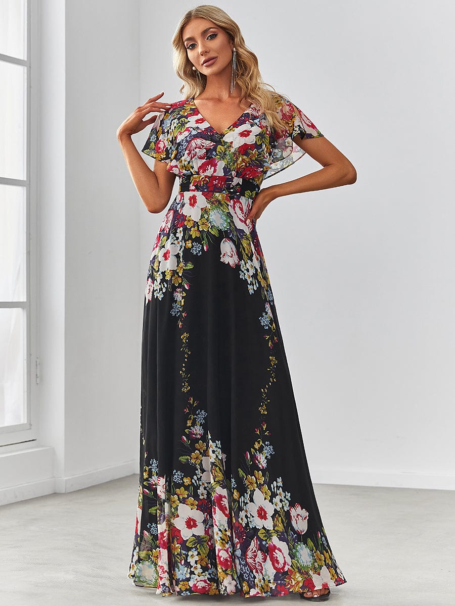 Floral Short Sleeve V-Neck Chiffon A-Line Evening Dress #color_Black and Printed 