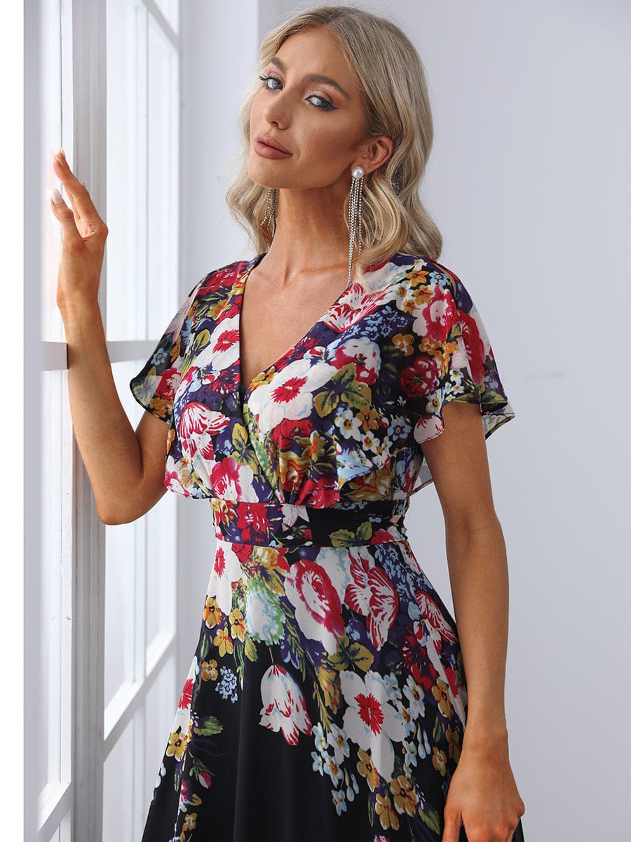 Floral Short Sleeve V-Neck Chiffon A-Line Evening Dress #color_Black and Printed 