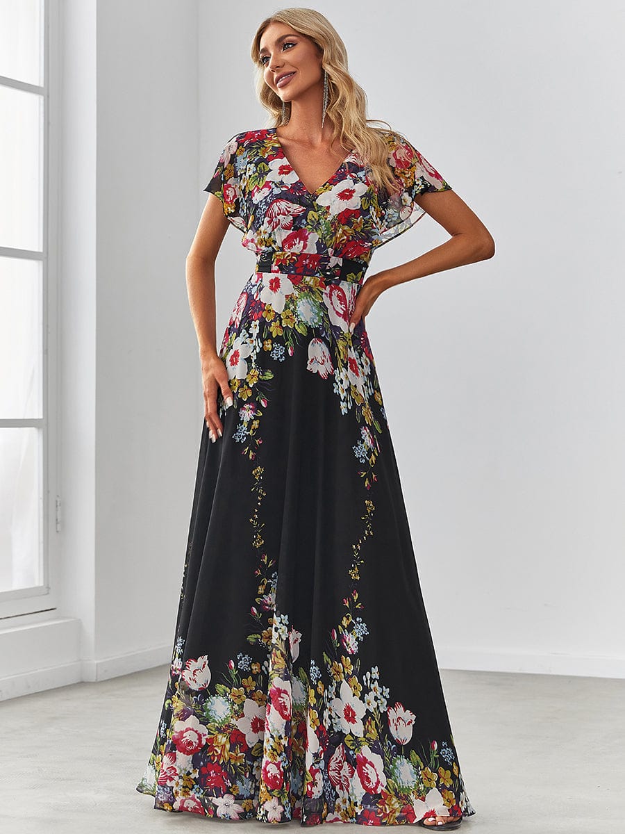 Floral Short Sleeve V-Neck Chiffon A-Line Evening Dress #color_Black and Printed 