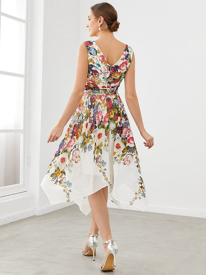 Printed Chiffon Sleeveless V-Neck Asymmetrical Evening Dress #color_Printed Cream