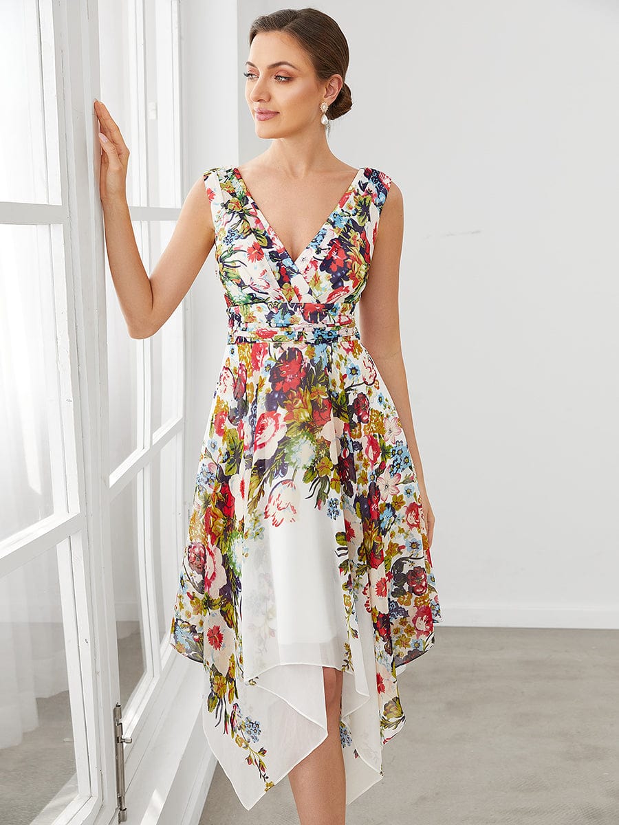 Printed Chiffon Sleeveless V-Neck Asymmetrical Evening Dress #color_Printed Cream