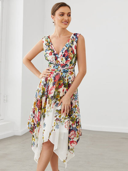 Printed Chiffon Sleeveless V-Neck Asymmetrical Evening Dress #color_Printed Cream