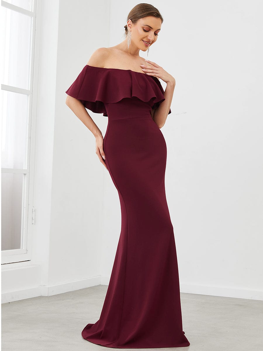 Strapless Fold-Over Ruffle Bodycon Floor-Length Evening Dress #color_Burgundy 