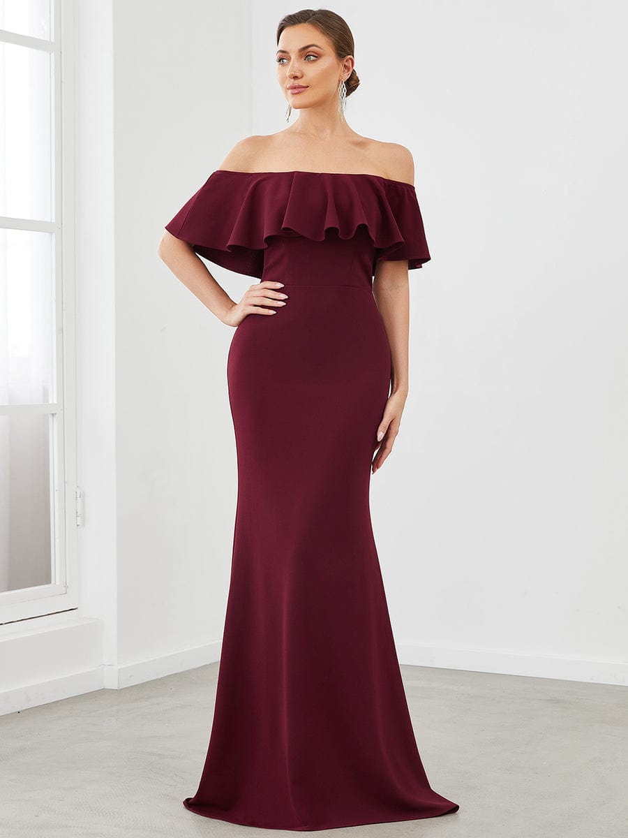 Strapless Fold-Over Ruffle Bodycon Floor-Length Evening Dress #color_Burgundy 