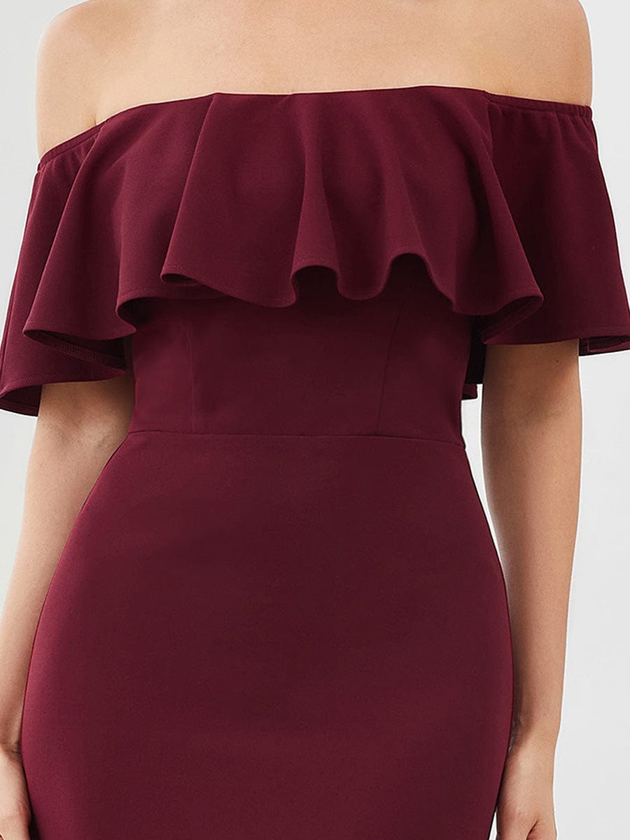 Strapless Fold-Over Ruffle Bodycon Floor-Length Evening Dress #color_Burgundy 