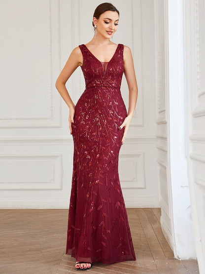 Sequin Sleeveless V-Neck Backless Bodycon Fishtail Evening Dress #color_Burgundy 