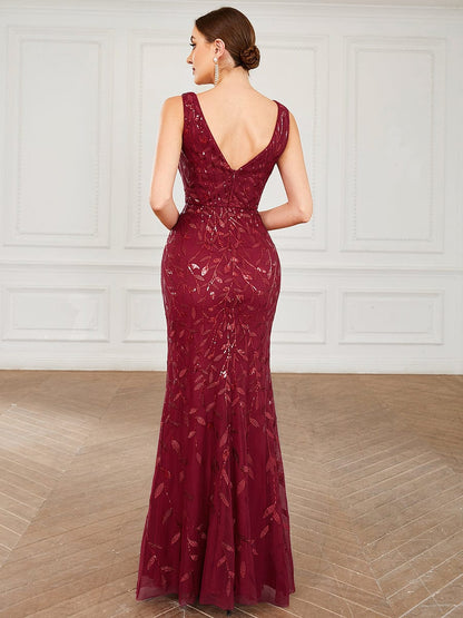 Sequin Sleeveless V-Neck Backless Bodycon Fishtail Evening Dress #color_Burgundy 