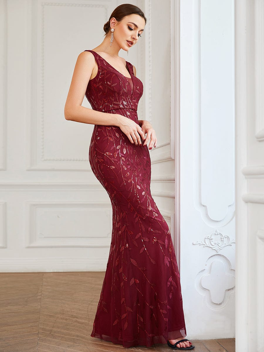 Sequin Sleeveless V-Neck Backless Bodycon Fishtail Evening Dress #color_Burgundy 