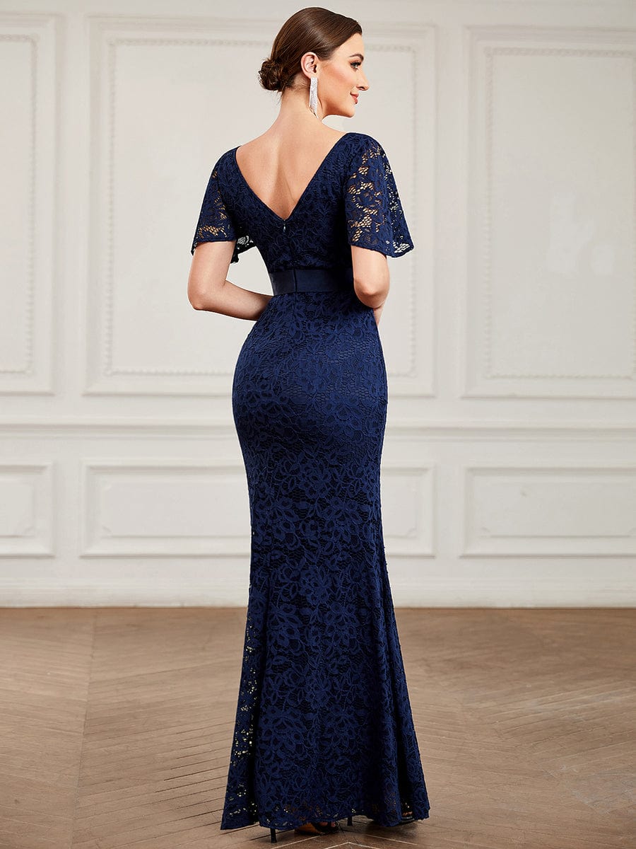 Ribbon Waist V-Neck Short Sleeve Lace Bodycon Fishtail Evening Dress #color_Navy Blue