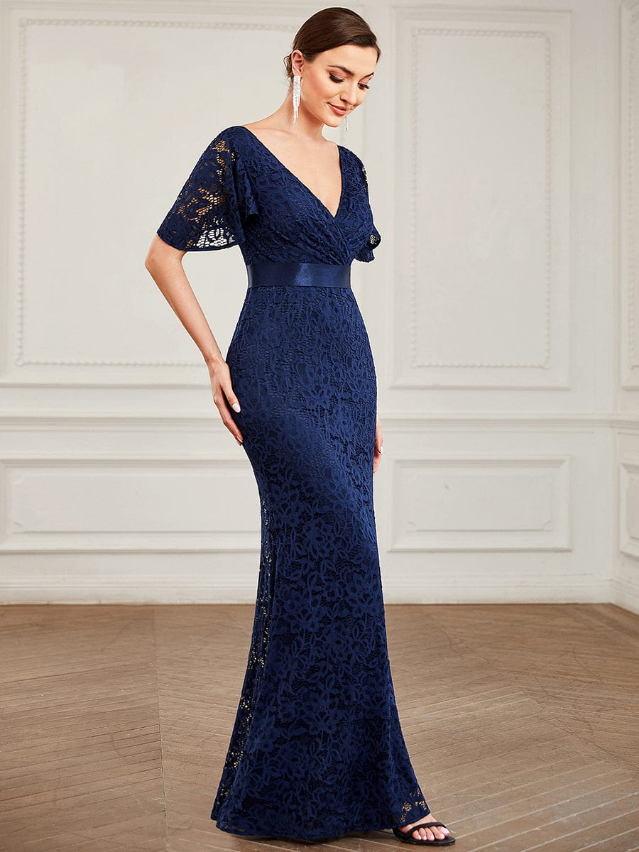 Ribbon Waist V-Neck Short Sleeve Lace Bodycon Fishtail Evening Dress #color_Navy Blue