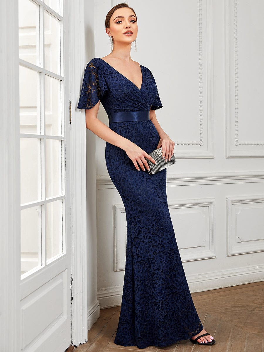 Ribbon Waist V-Neck Short Sleeve Lace Bodycon Fishtail Evening Dress #color_Navy Blue