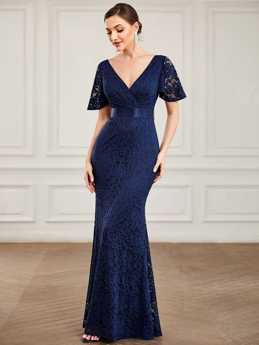 Ribbon Waist V-Neck Short Sleeve Lace Bodycon Fishtail Evening Dress #color_Navy Blue