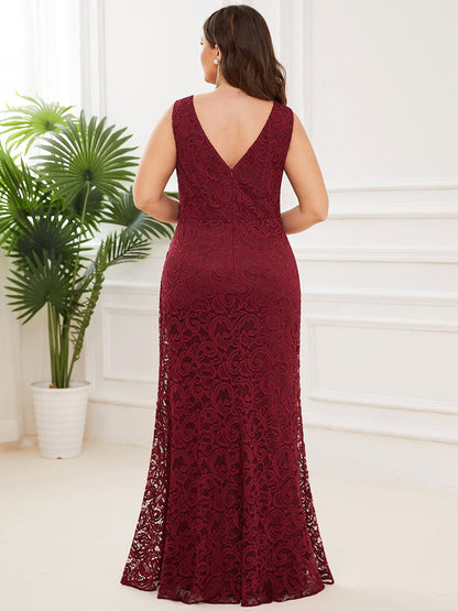 Pleated Lace Bodycon Sleeveless Floor-Length Evening Dress #color_Burgundy