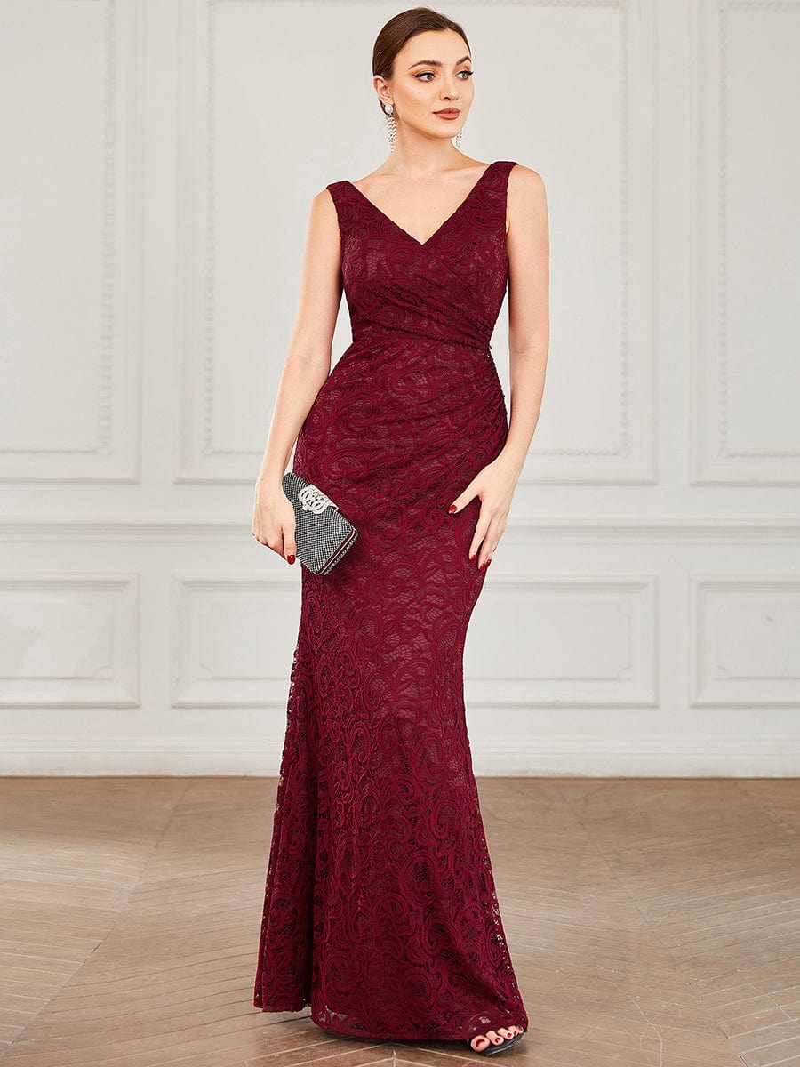 Pleated Lace Bodycon Sleeveless Floor-Length Evening Dress #color_Burgundy