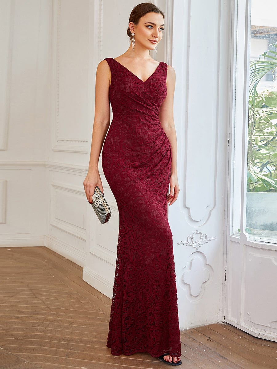 Pleated Lace Bodycon Sleeveless Floor-Length Evening Dress #color_Burgundy