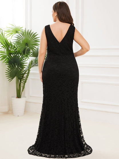 Pleated Lace Bodycon Sleeveless Floor-Length Evening Dress #color_Black