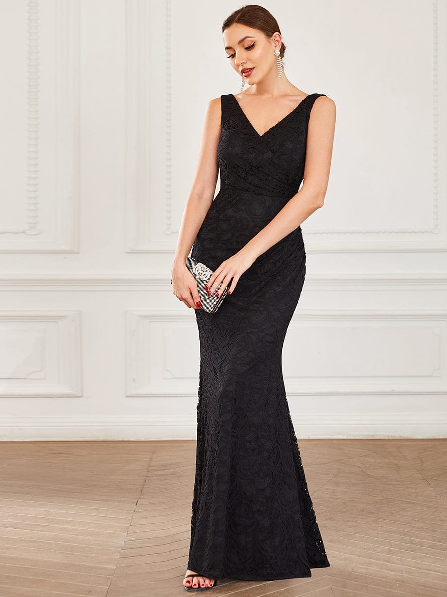 Pleated Lace Bodycon Sleeveless Floor-Length Evening Dress #color_Black