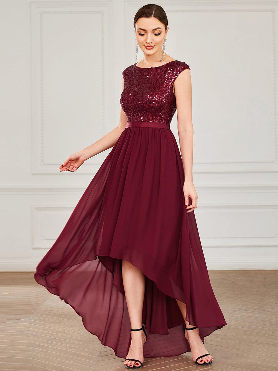 Chiffon Ribbon Waist Sleeveless Sequin High Low Evening Dress #color_Burgundy 