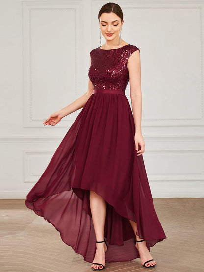 Chiffon Ribbon Waist Sleeveless Sequin High Low Evening Dress #color_Burgundy 