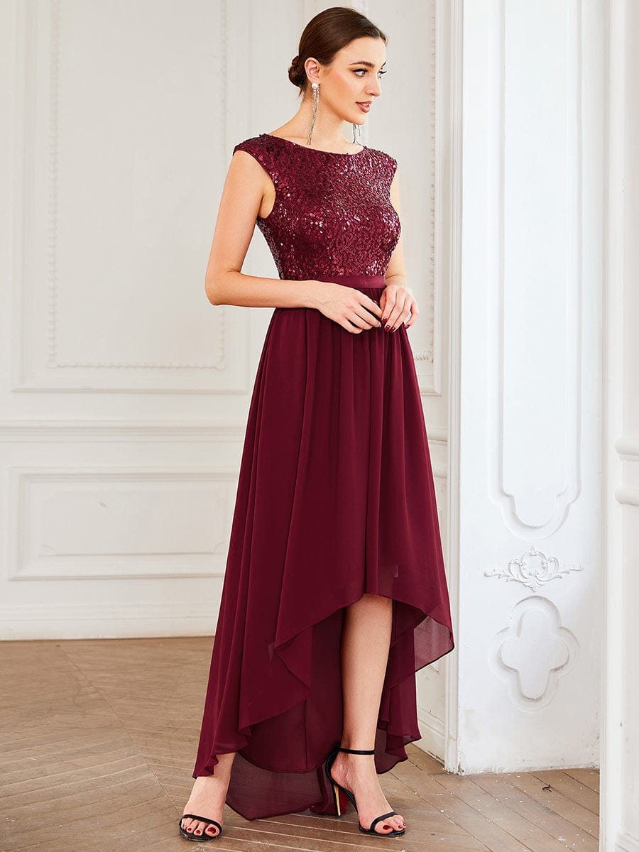 Chiffon Ribbon Waist Sleeveless Sequin High Low Evening Dress #color_Burgundy 