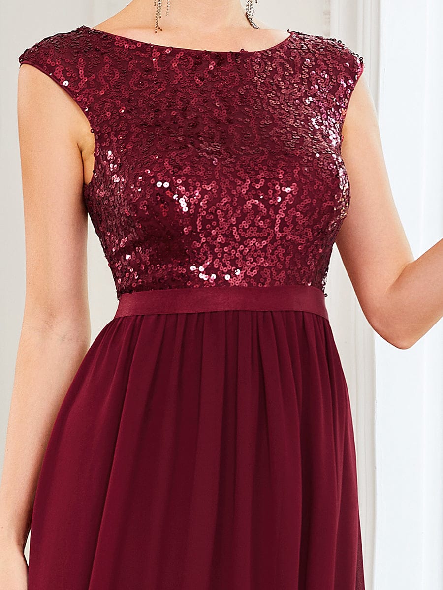 Chiffon Ribbon Waist Sleeveless Sequin High Low Evening Dress #color_Burgundy 