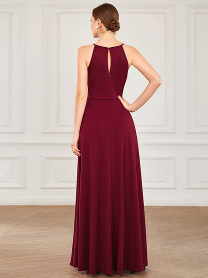 Halter Keyhole Front & Back High Slit Evening Dress #color_Burgundy