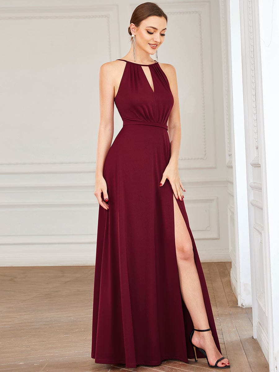 Halter Keyhole Front & Back High Slit Evening Dress #color_Burgundy