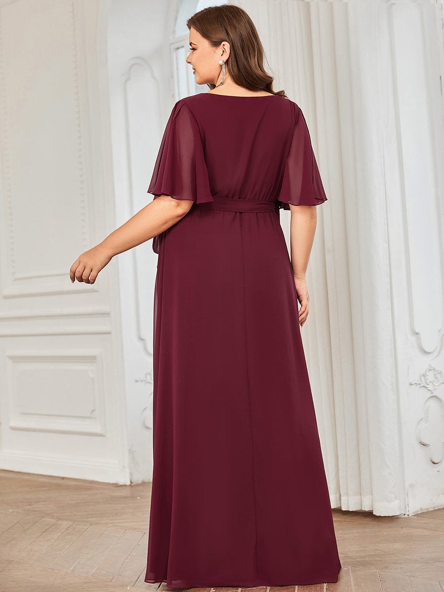 Tie Waist High Slit Flutter Sleeve Chiffon Evening Dress #Color_Burgundy