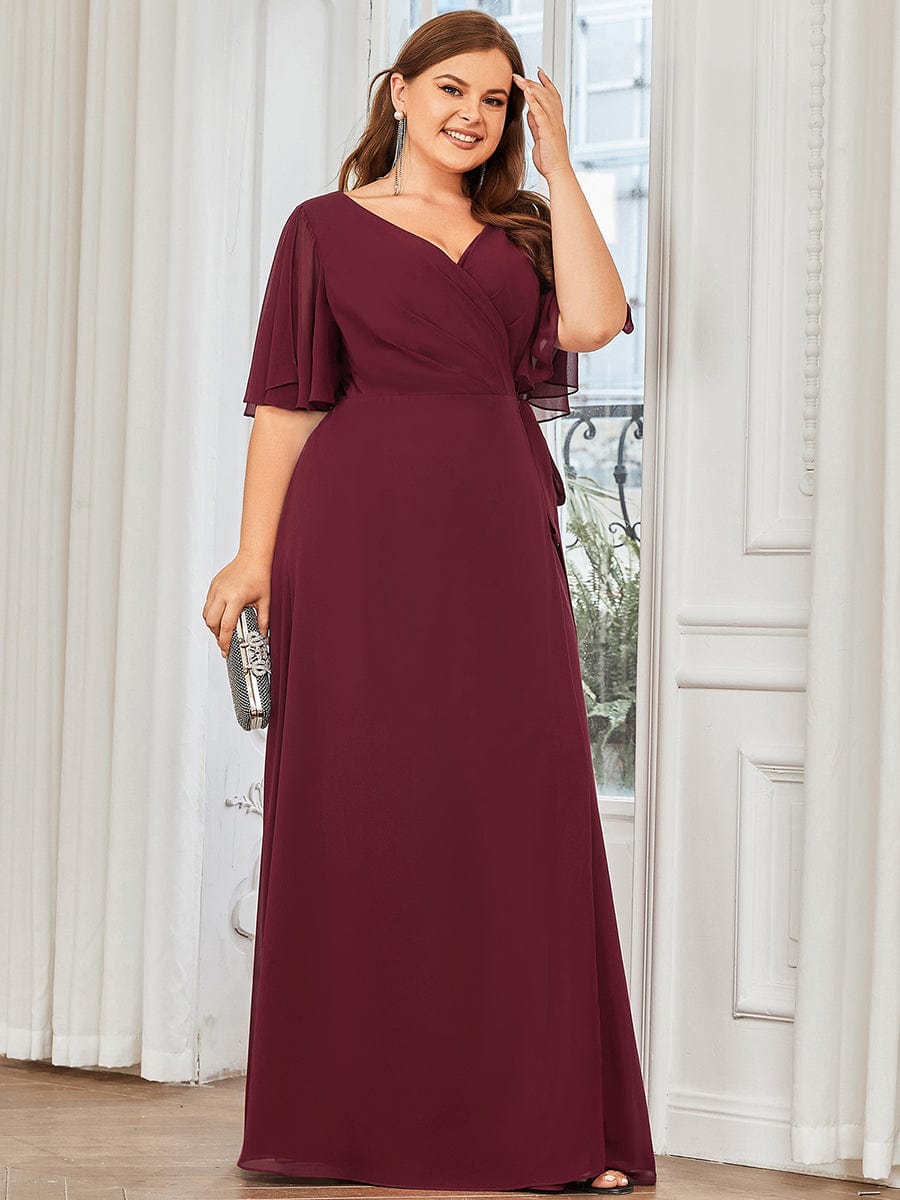 Tie Waist High Slit Flutter Sleeve Chiffon Evening Dress #Color_Burgundy