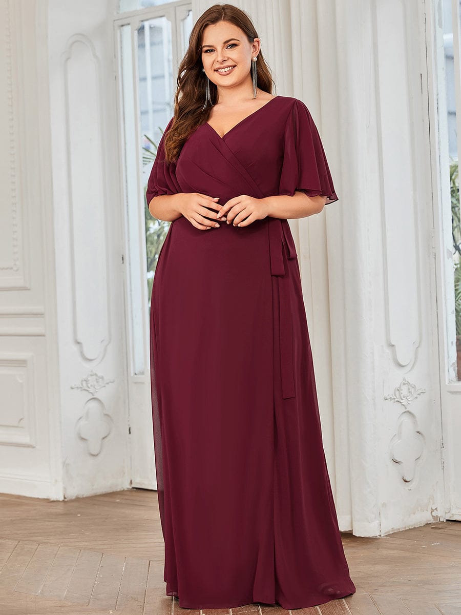 Tie Waist High Slit Flutter Sleeve Chiffon Evening Dress #Color_Burgundy