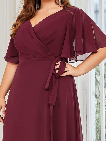 Tie Waist High Slit Flutter Sleeve Chiffon Evening Dress #Color_Burgundy