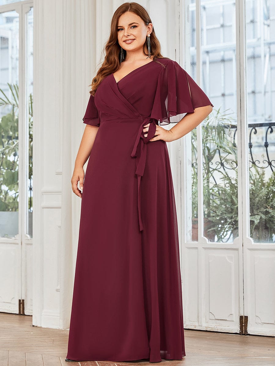 Tie Waist High Slit Flutter Sleeve Chiffon Evening Dress #Color_Burgundy