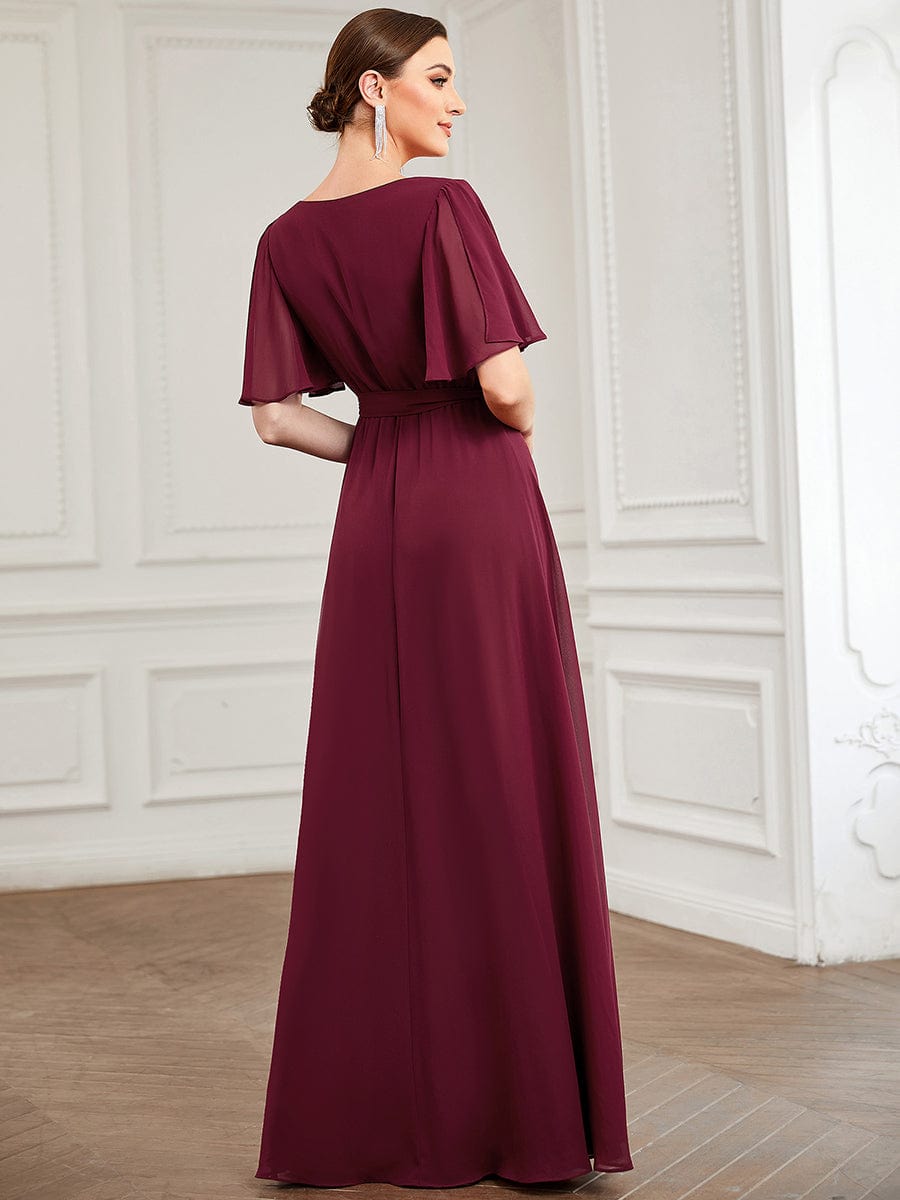 Tie Waist High Slit Flutter Sleeve Chiffon Evening Dress