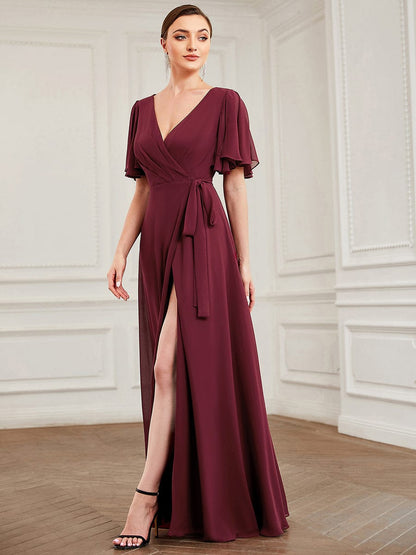 Tie Waist High Slit Flutter Sleeve Chiffon Evening Dress #Color_Burgundy