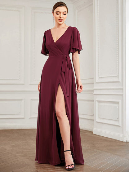 Tie Waist High Slit Flutter Sleeve Chiffon Evening Dress #Color_Burgundy