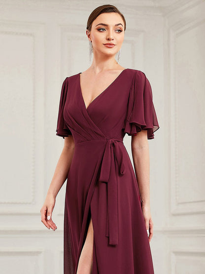 Tie Waist High Slit Flutter Sleeve Chiffon Evening Dress #Color_Burgundy