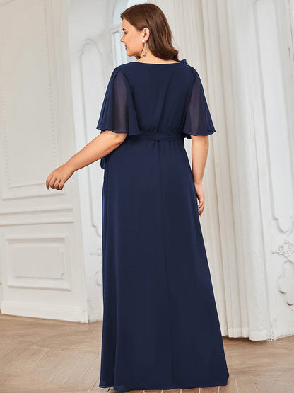 Tie Waist High Slit Flutter Sleeve Chiffon Evening Dress #Color_Navy Blue