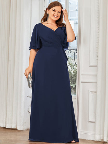 Tie Waist High Slit Flutter Sleeve Chiffon Evening Dress #Color_Navy Blue