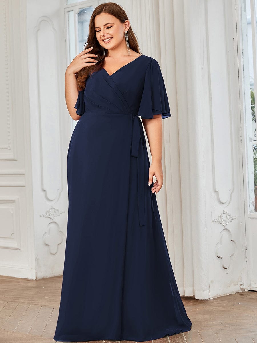 Tie Waist High Slit Flutter Sleeve Chiffon Evening Dress #Color_Navy Blue