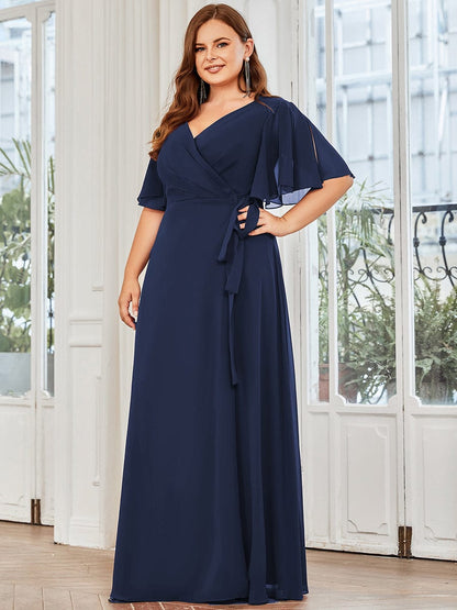 Plus Size Chiffon High Slit Tie Waist  Evening Dress