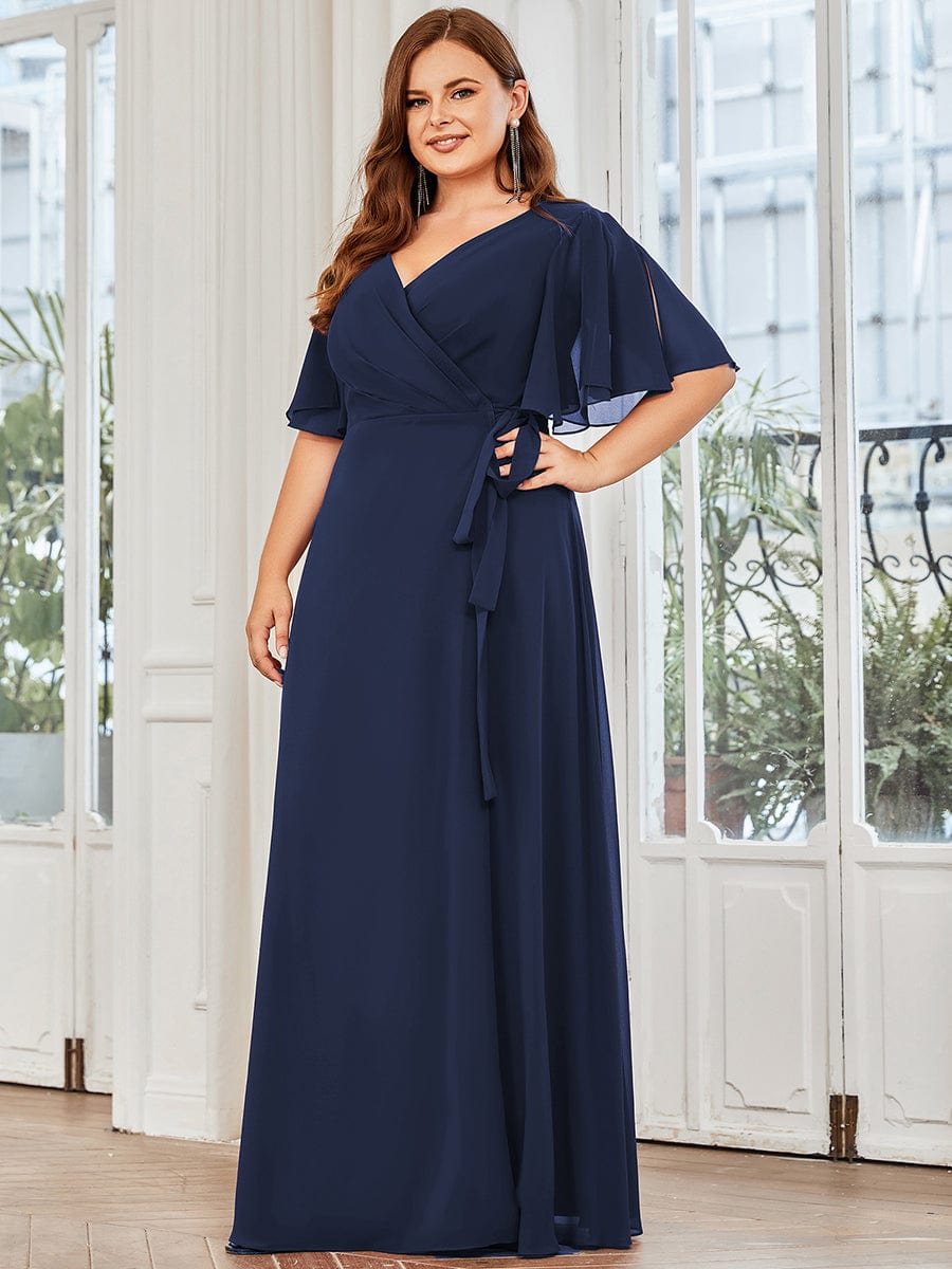 Tie Waist High Slit Flutter Sleeve Chiffon Evening Dress #Color_Navy Blue