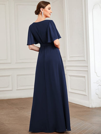 Tie Waist High Slit Flutter Sleeve Chiffon Evening Dress #Color_Navy Blue