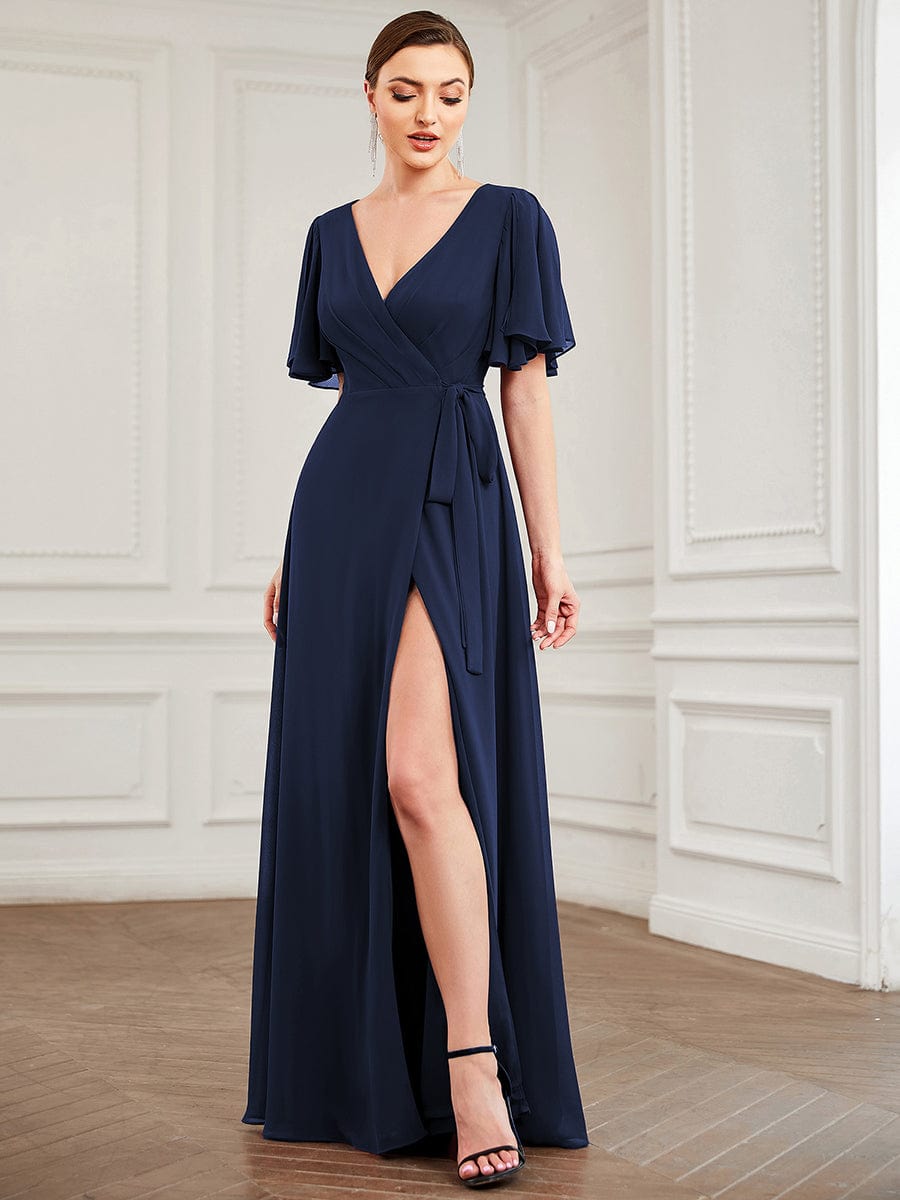 Tie Waist High Slit Flutter Sleeve Chiffon Evening Dress #Color_Navy Blue