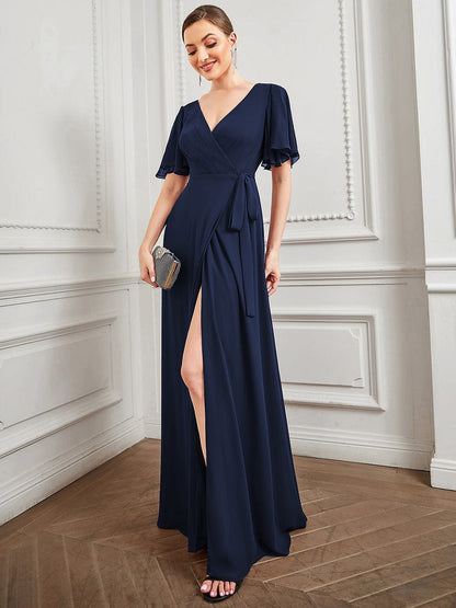 Tie Waist High Slit Flutter Sleeve Chiffon Evening Dress #Color_Navy Blue