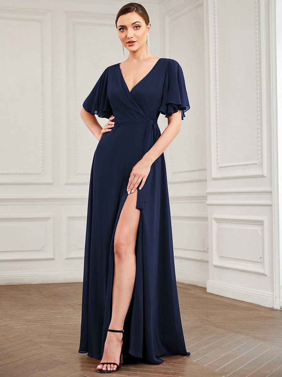 Tie Waist High Slit Flutter Sleeve Chiffon Evening Dress #Color_Navy Blue