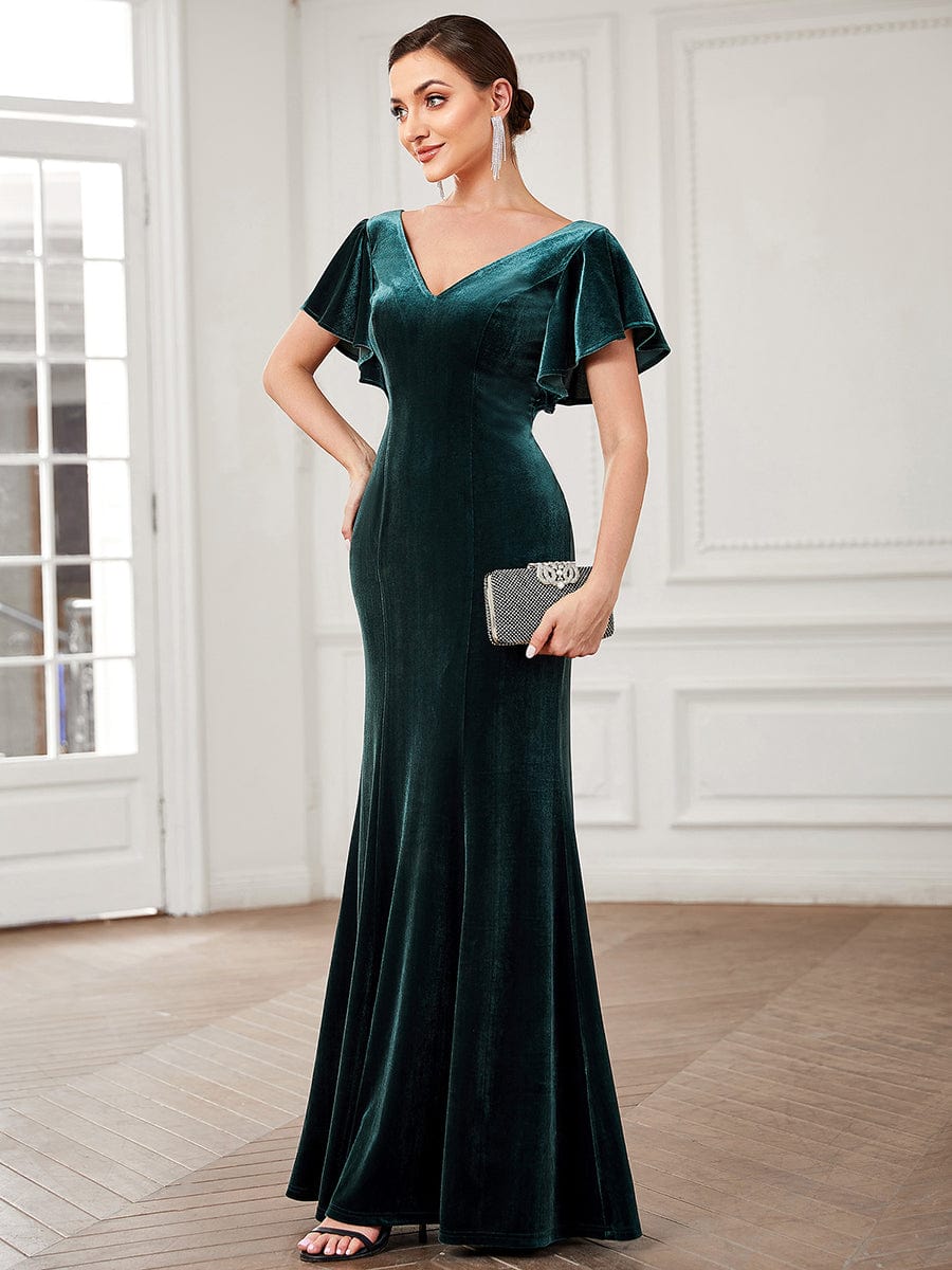 Velvet Flutter Ruffle Sleeve Bodycon Floor-Length Evening Dress #color_Dark Green