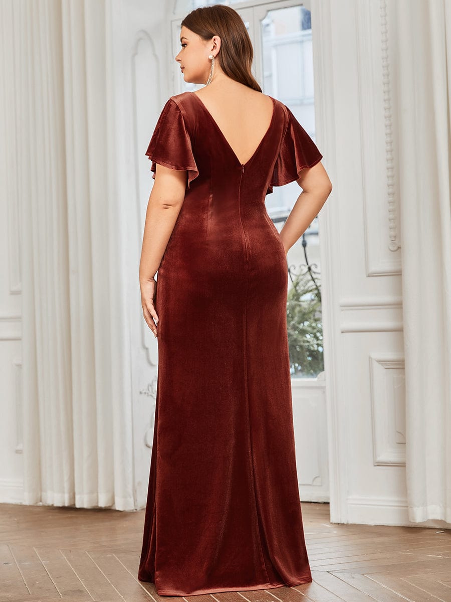 Velvet Flutter Ruffle Sleeve Bodycon Floor-Length Evening Dress #color_Brick Red